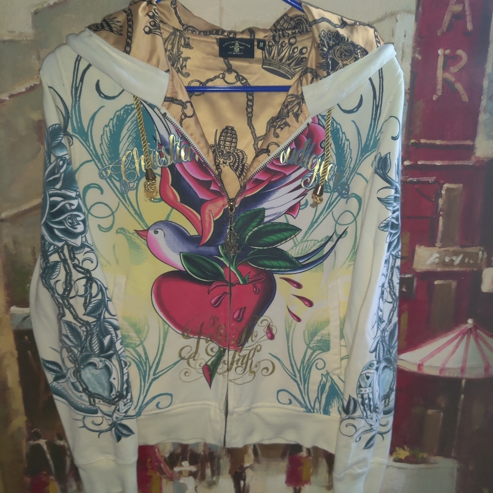 Vtg Christian Audigier Designer Y2K Authentic All-Over Design Zip-Up Jacket